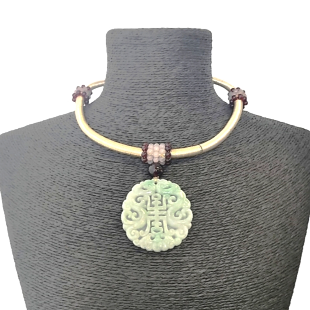 Gold & Green Jade Good Fortune Statement Pendant Short Collar